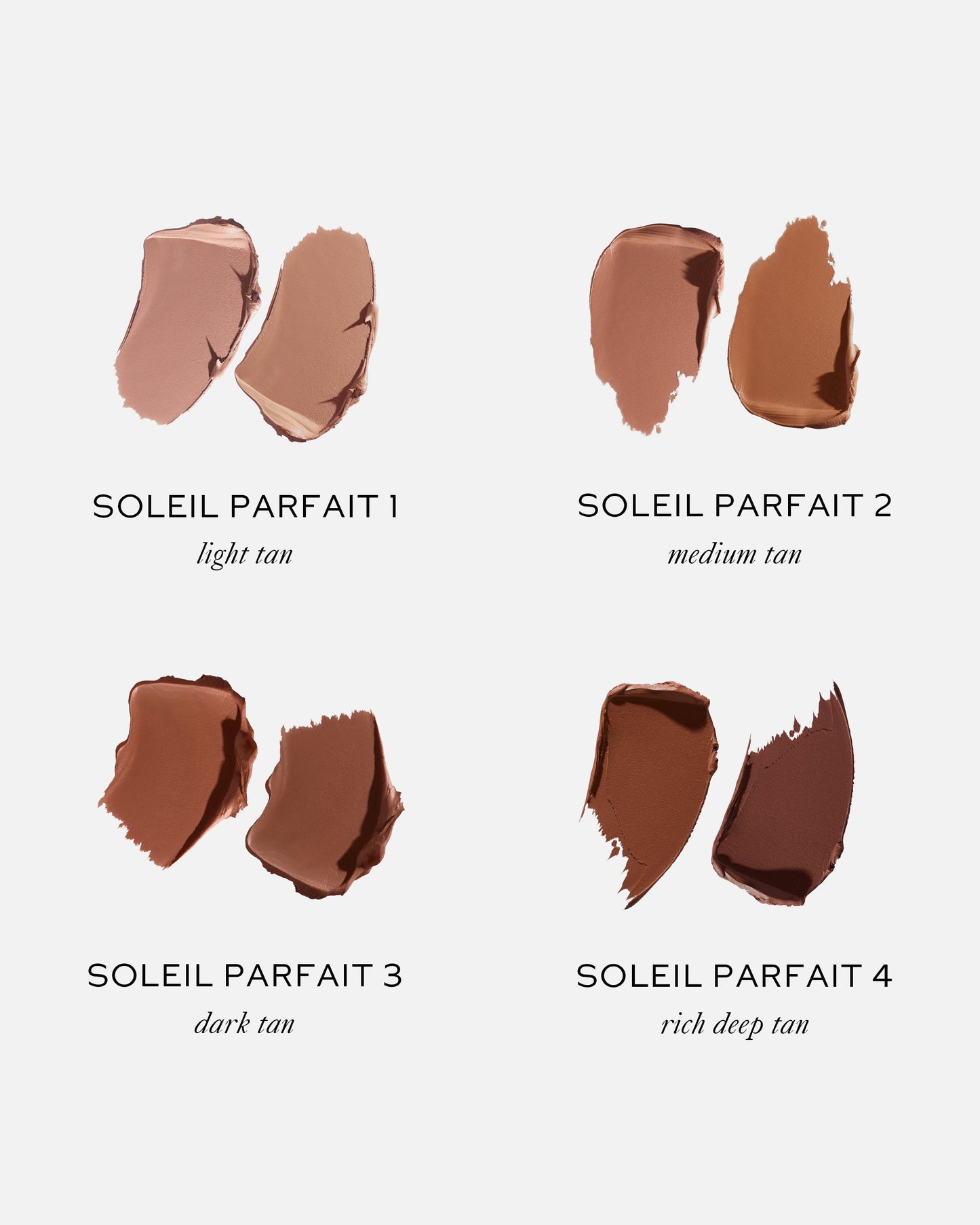Four swatches of a tan makeup product labeled 'Soleil Parfait' with color descriptions.