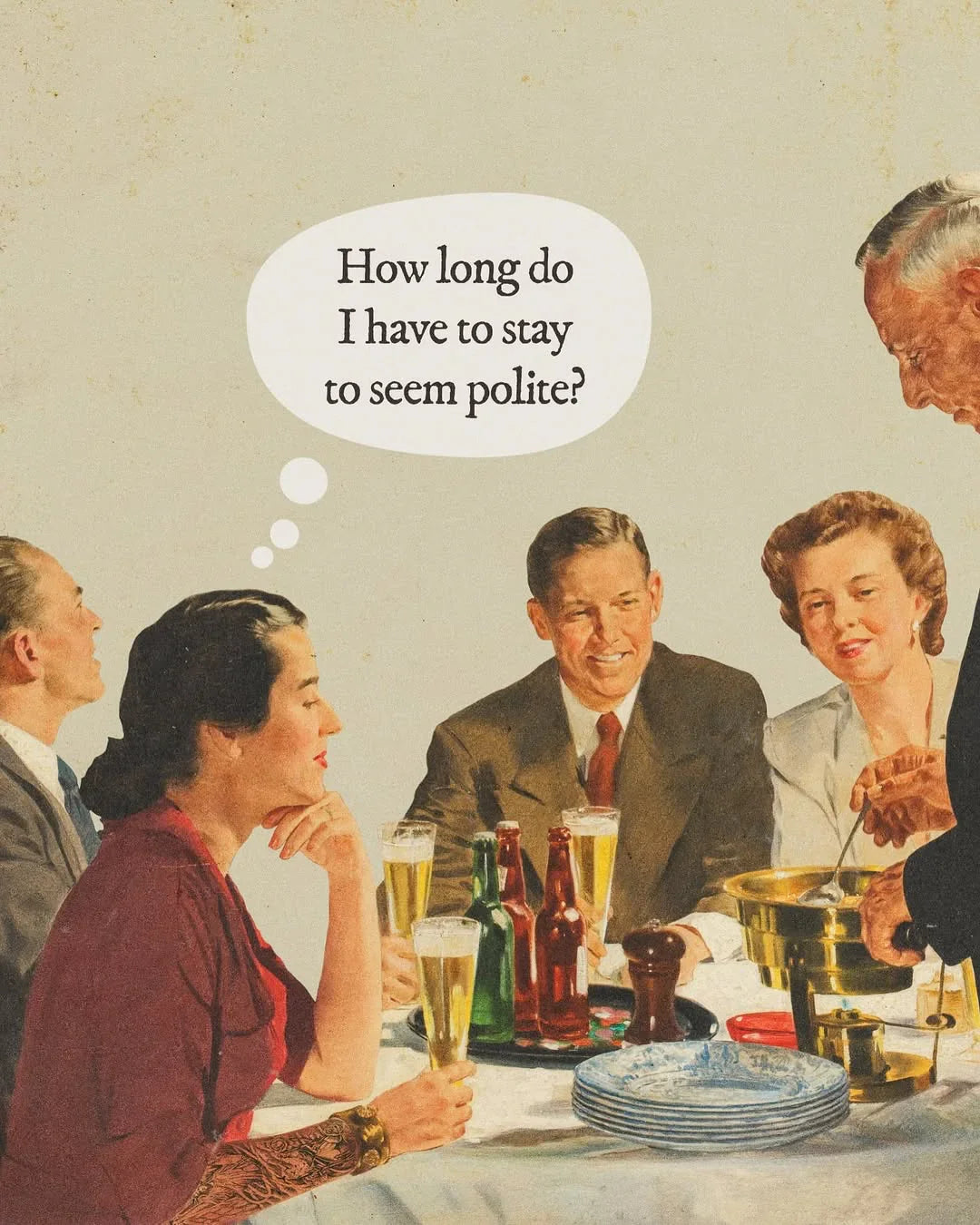 Elegant dinner party scene with well-dressed adults enjoying drinks and vintage décor, polished glassware and a thoughtful mood.