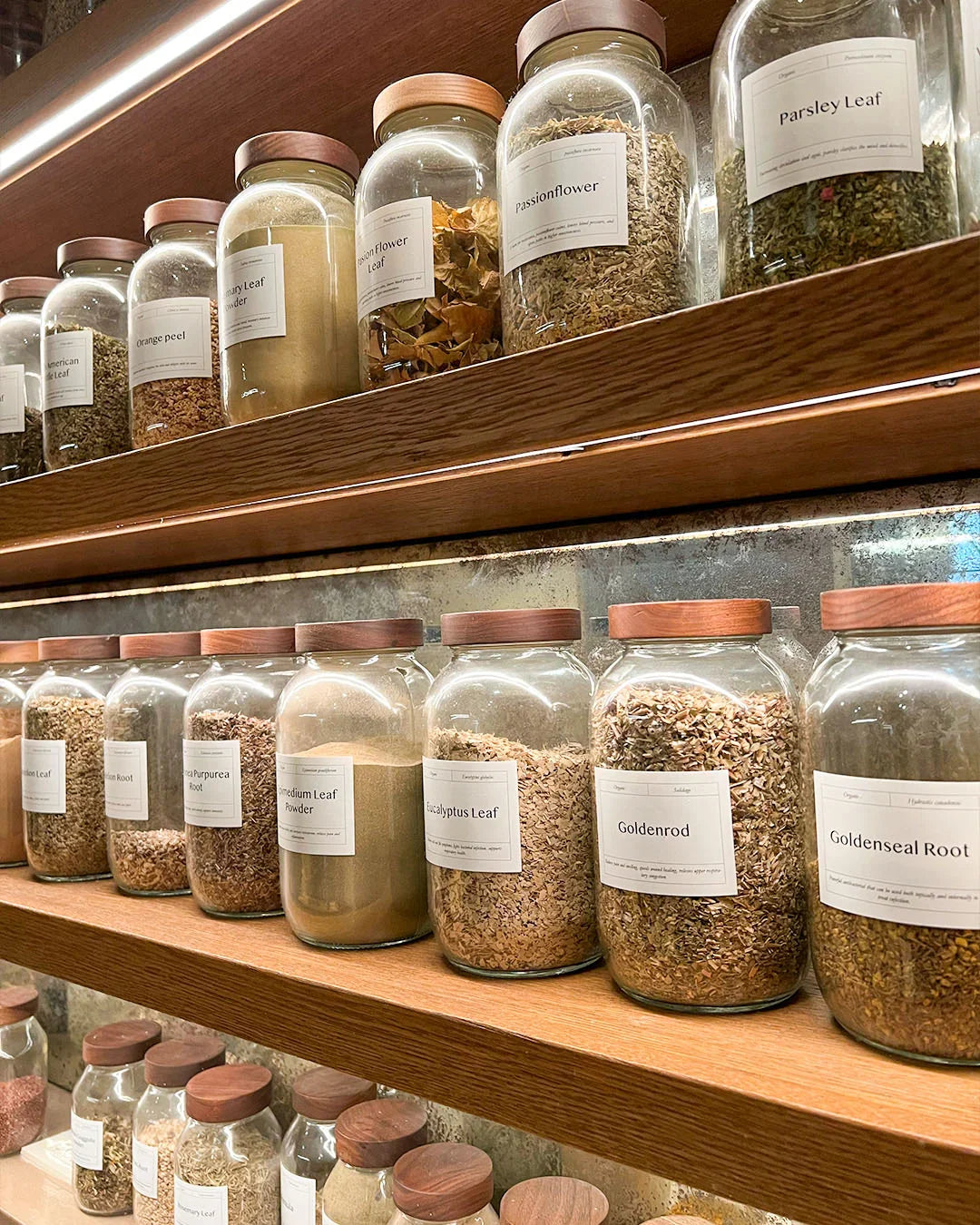Glass jars filled with dried herbs and botanicals on elegant wooden shelves, showing varied earthy textures and natural colors.
