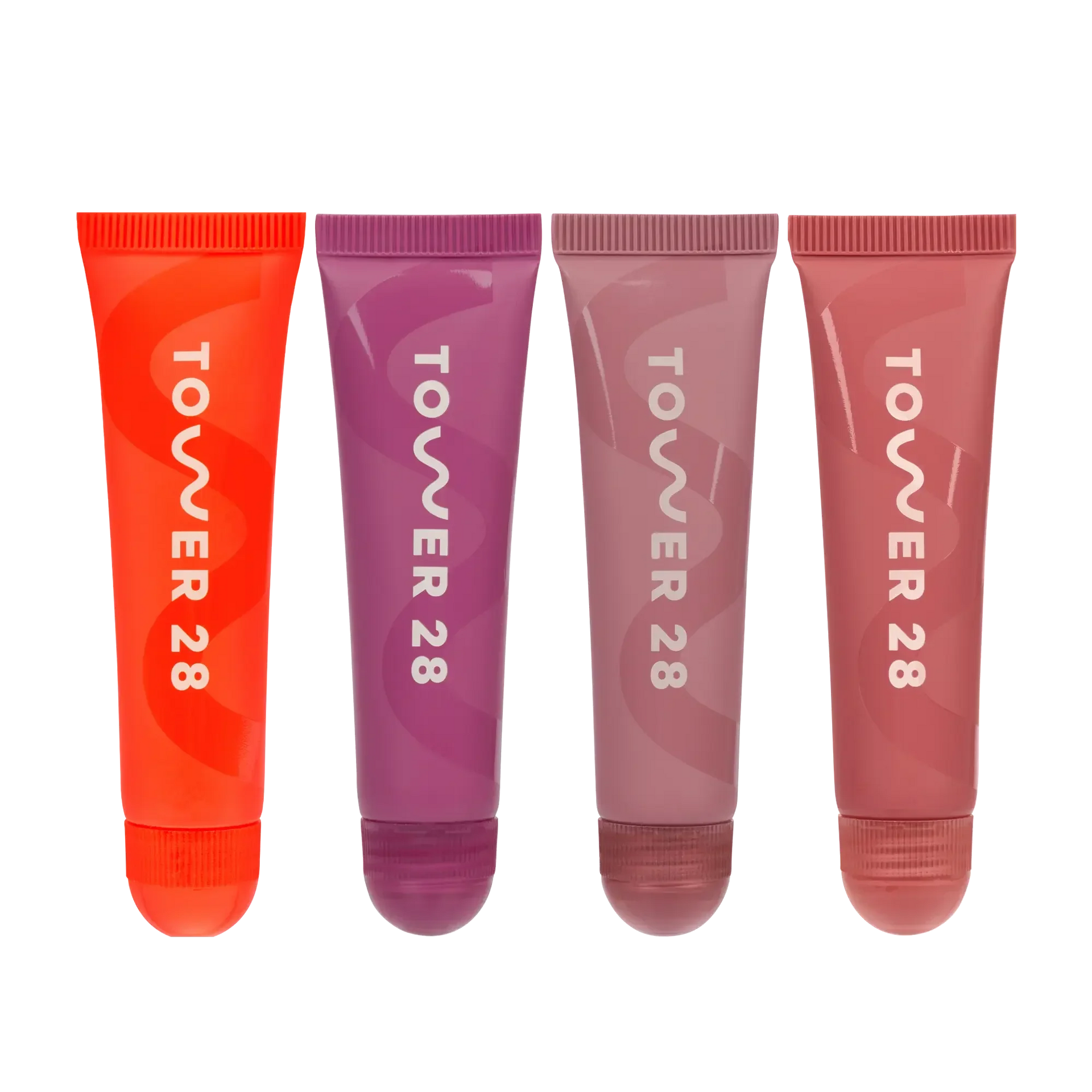 Four luxury lip gloss tubes in vibrant coral, purple, mauve, and nude pink shades