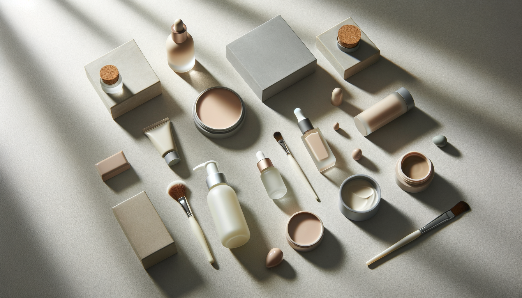 assorted beauty products arranged neatly on a light grey background in soft light