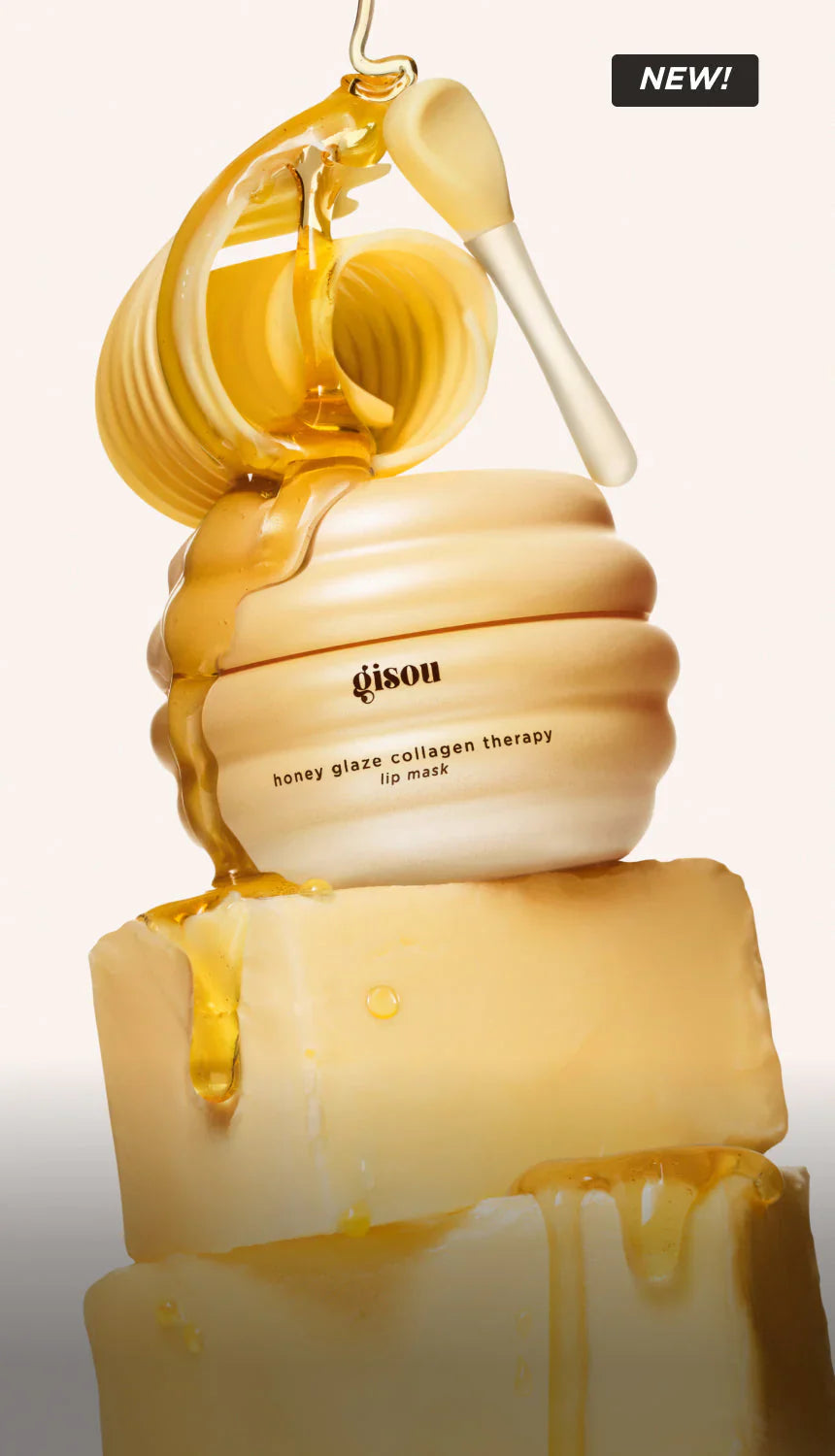 Gisou honey glaze collagen therapy lip mask jar with honey dripper and honeycomb, new product.