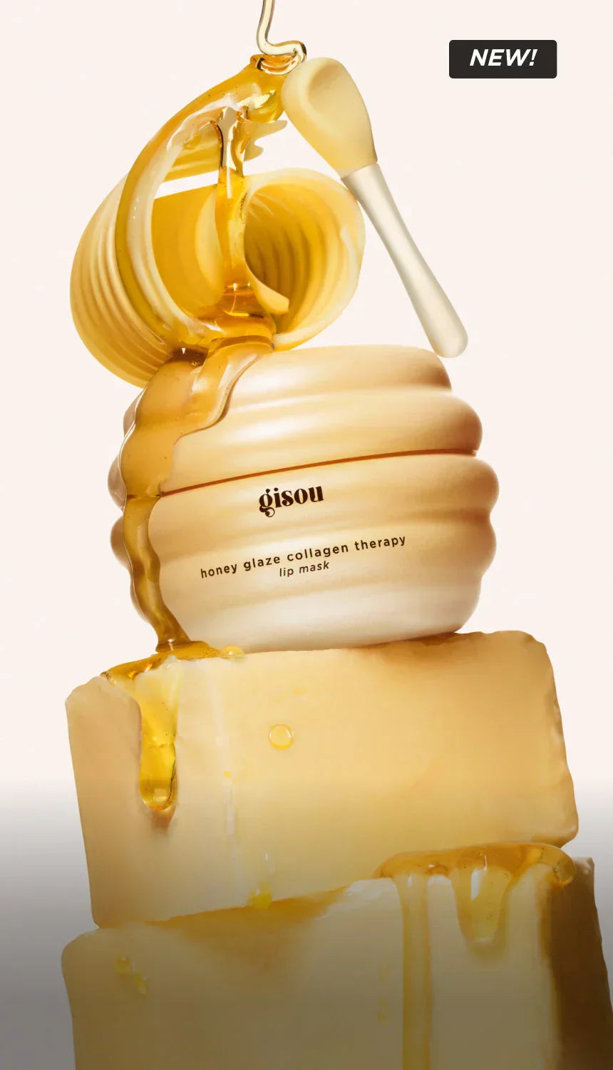 Luxurious honey glaze collagen lip mask jar with golden honey drizzling, creamy texture