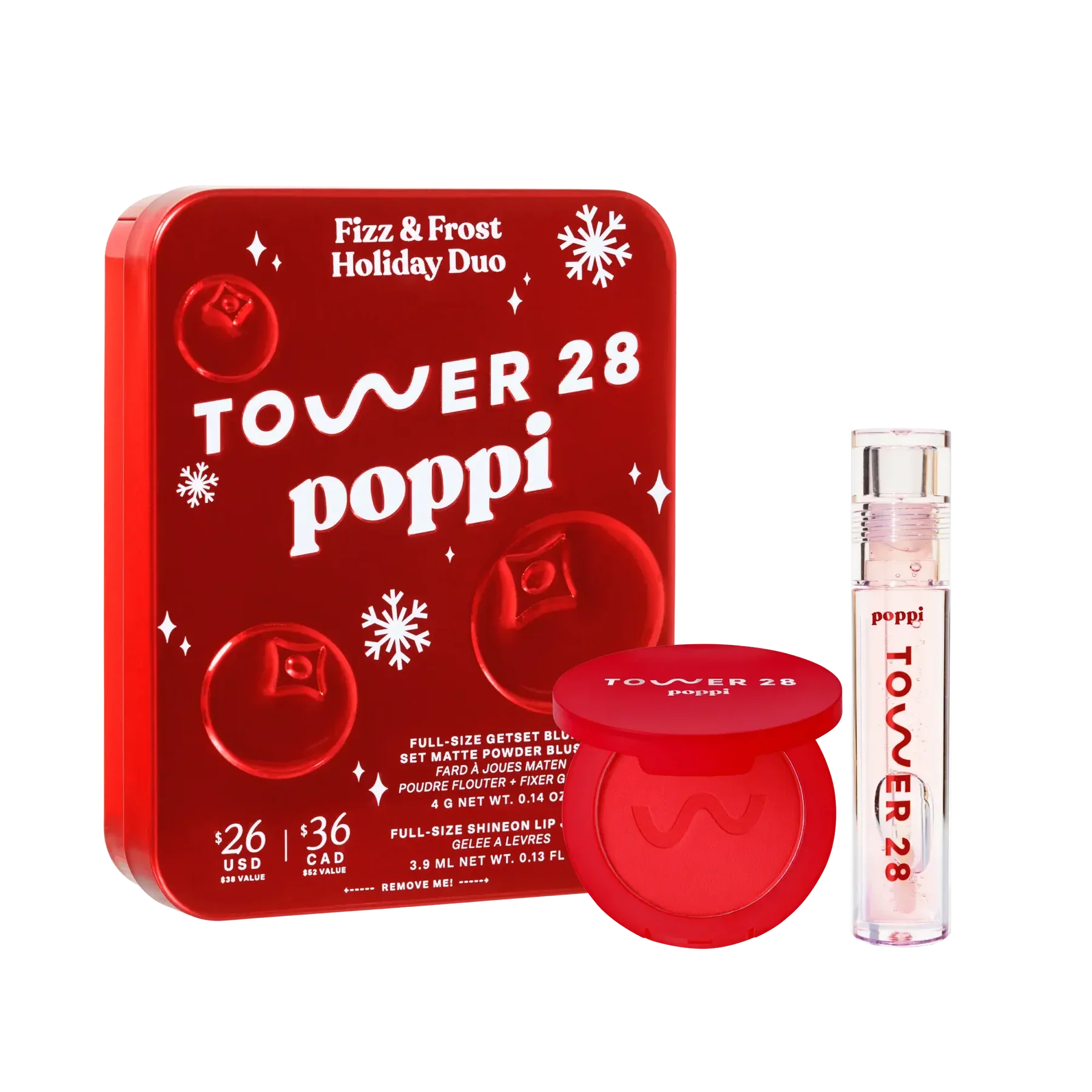 Tower 28 Poppi Fizz & Frost Holiday Duo with blush and lip gloss in red packaging