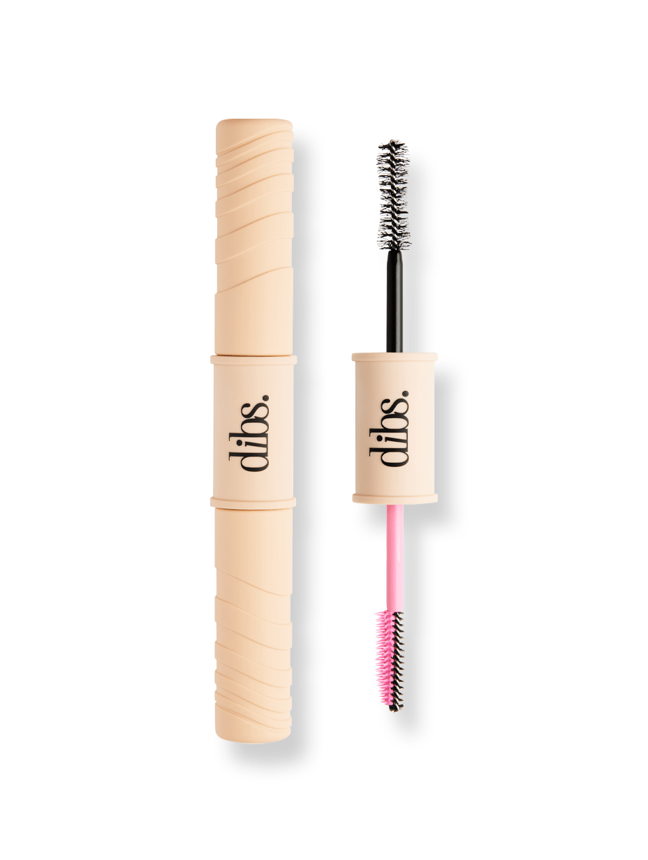 DIBS Double Standard Primer Mascara Duo with dual brushes in beige tube on white background