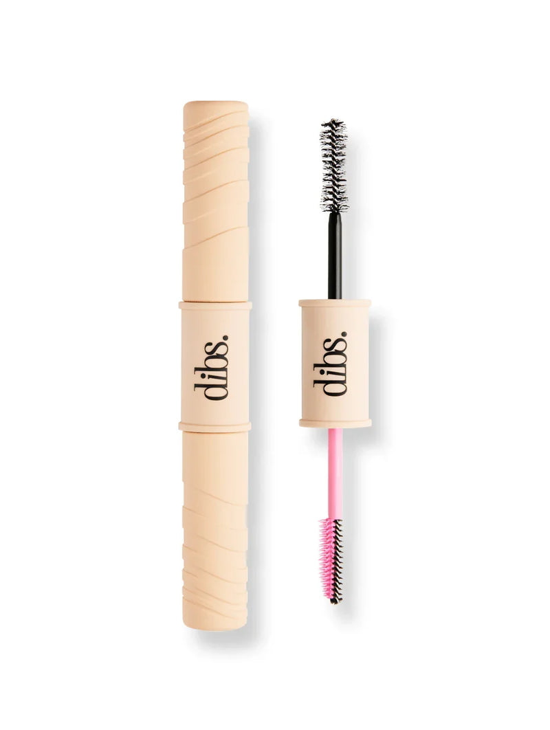 DIBS Double Standard Primer Mascara Duo with dual brushes in beige tube on white background
