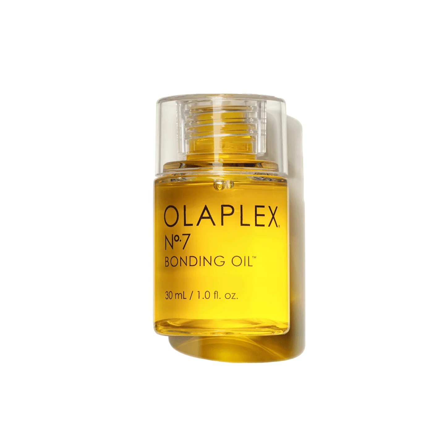 Clear bottle of golden Olaplex No.7 Bonding Oil with a sleek, glossy liquid texture.