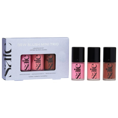 Saie Dew Blush Mini Trio set with three liquid blush bottles in pink and peach shades