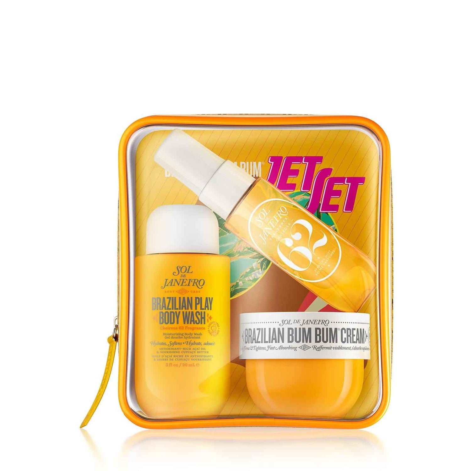 Luxurious yellow and white Sol de Janeiro skincare set with creamy textures in clear travel pouch.