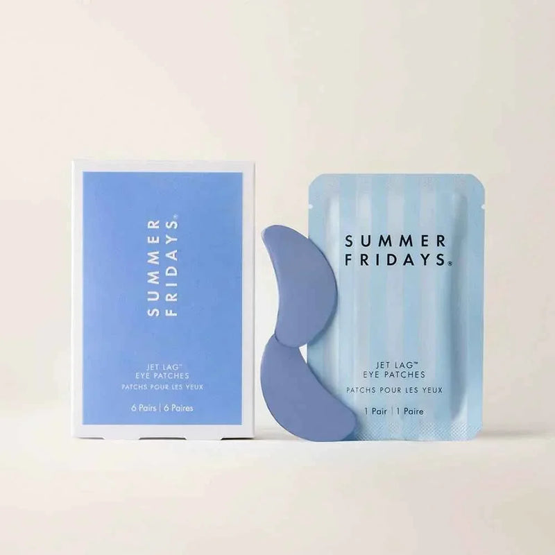 Summer Fridays Jet Lag Eye Patches blue packaging with patch pair on neutral background