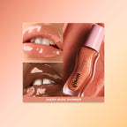 Plum lip oil swatch on two skin tones.