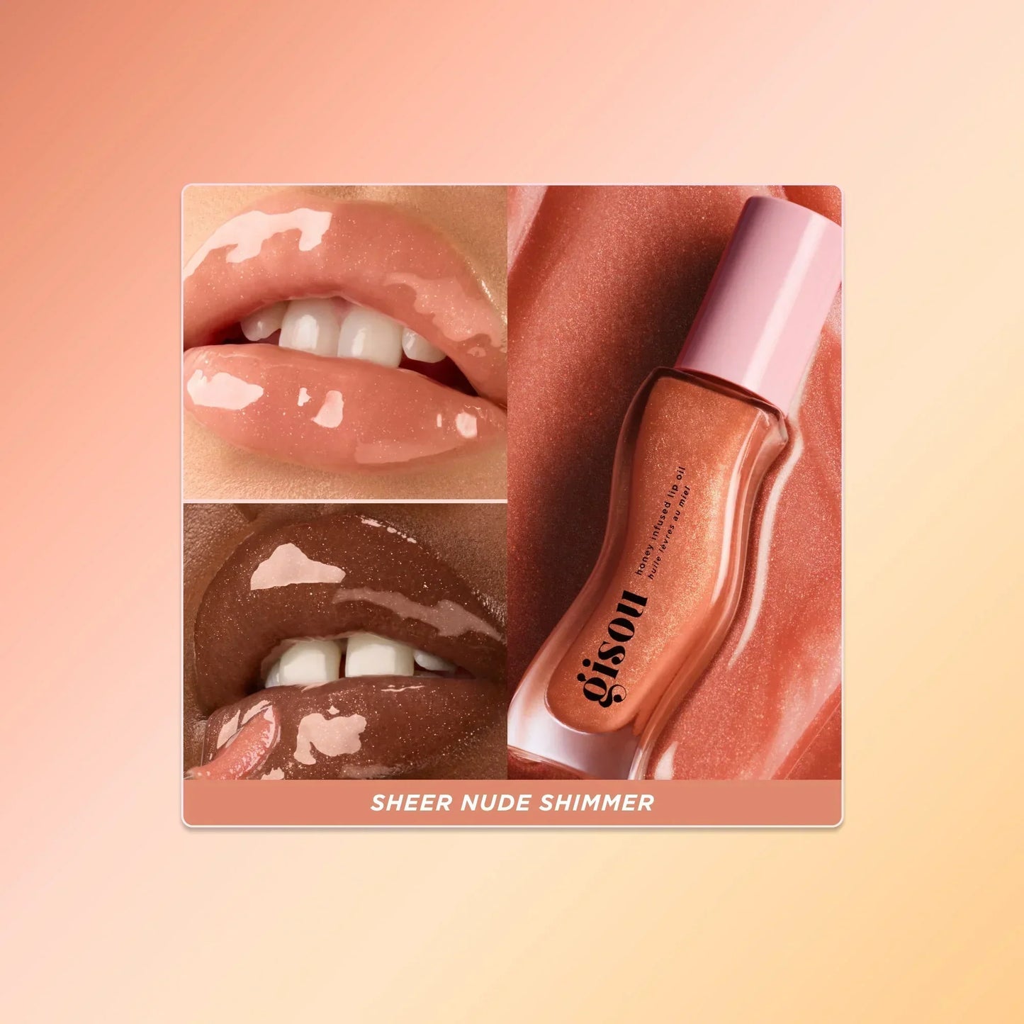 Plum lip oil swatch on two skin tones.