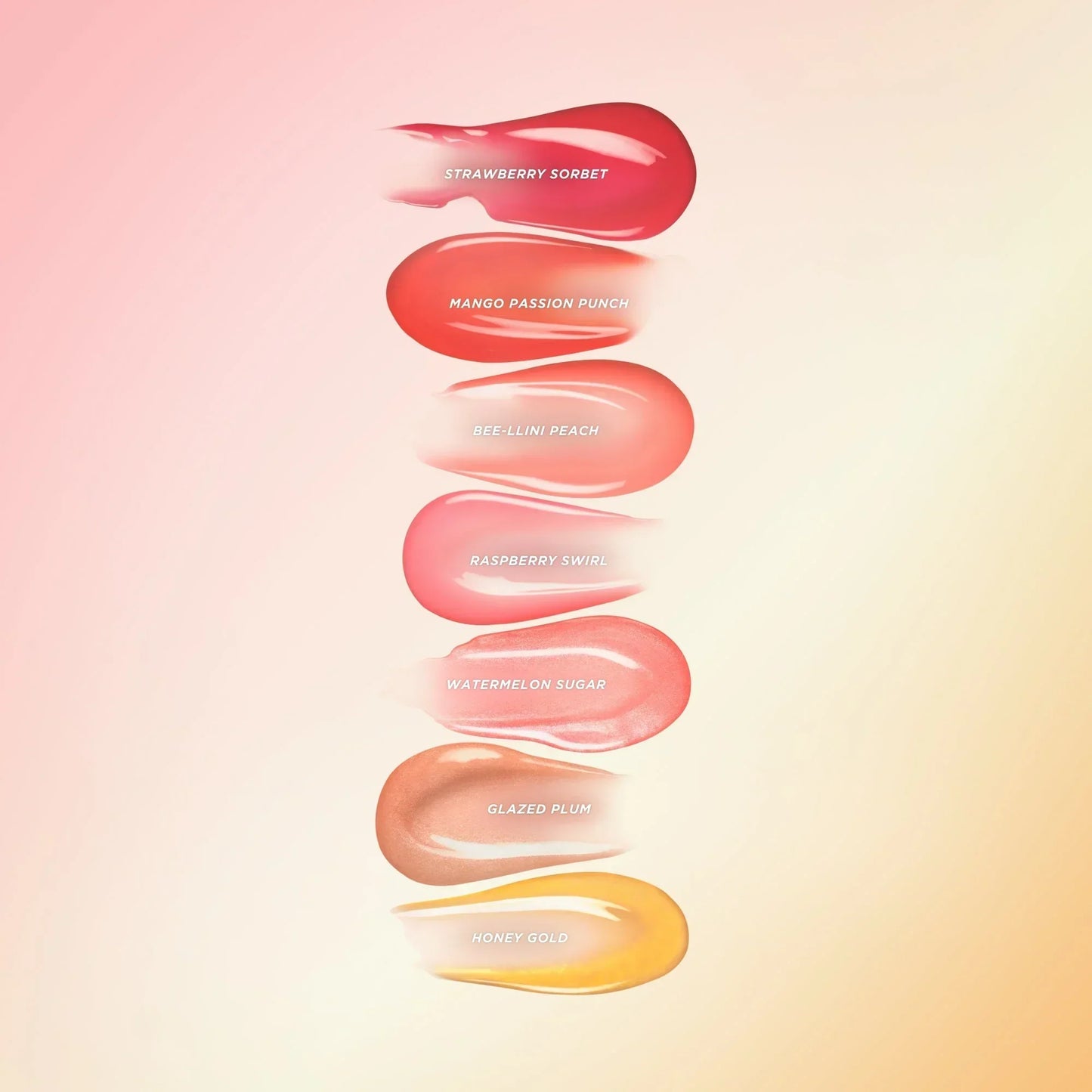 Seven different Gisou lip oil swatches.