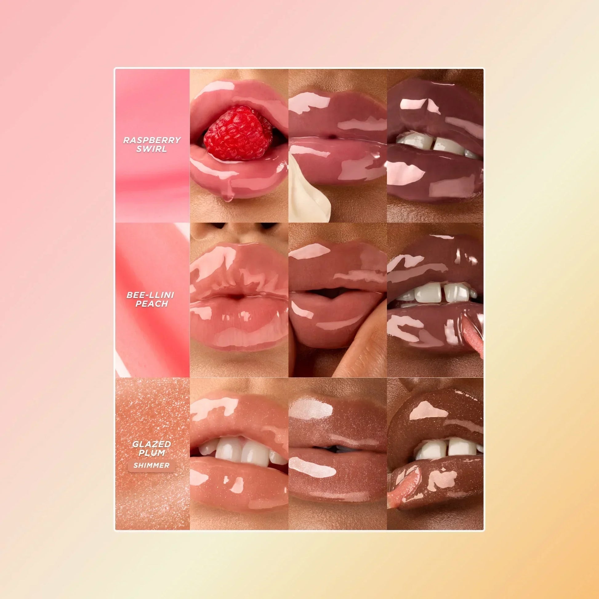 Three lip oil swatches on different skin tones.