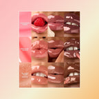 Three lip oil swatches on different skin tones.