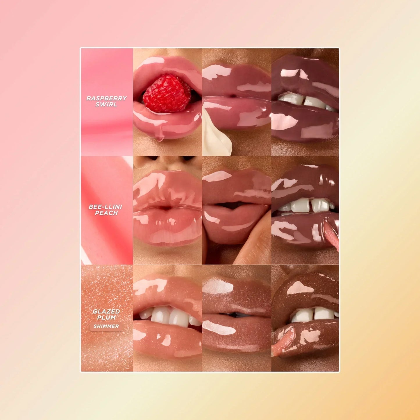 Three lip oil swatches on different skin tones.