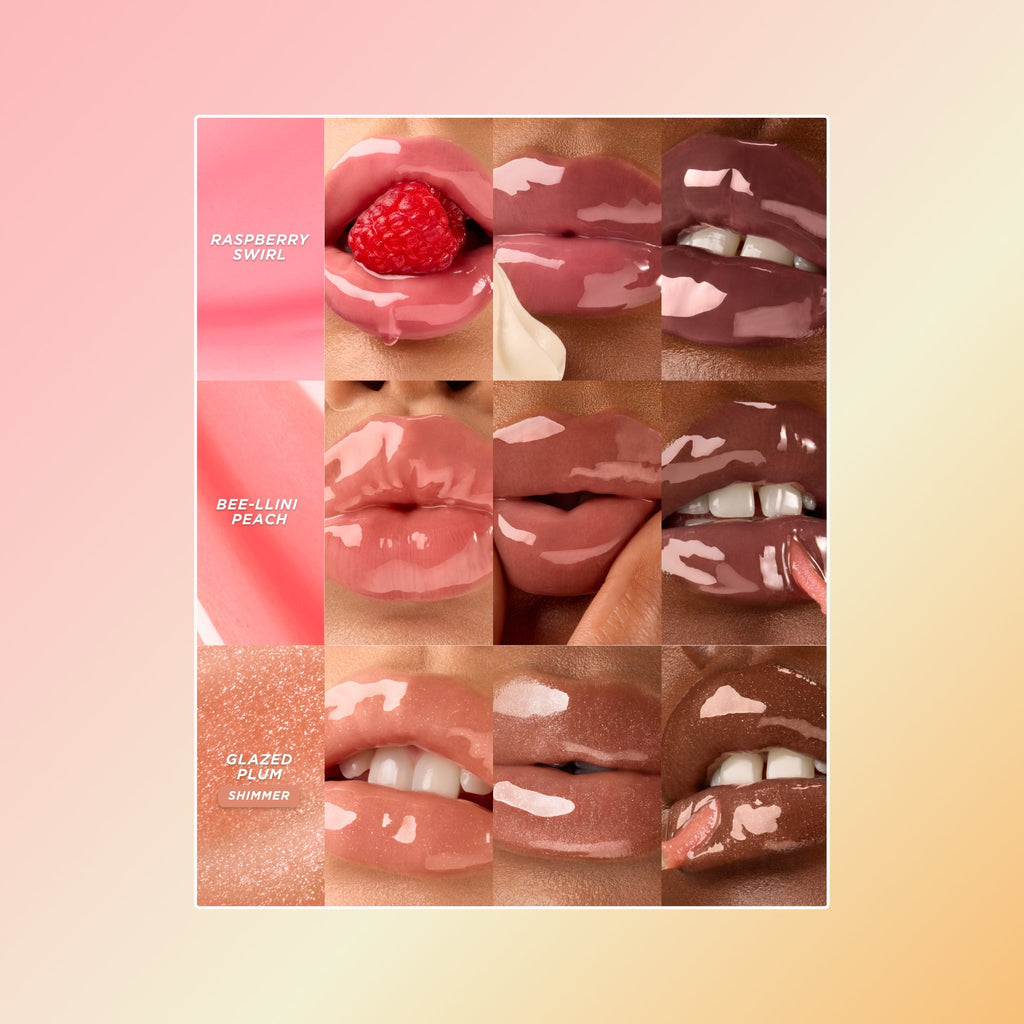 Three lip oil swatches on different skin tones.