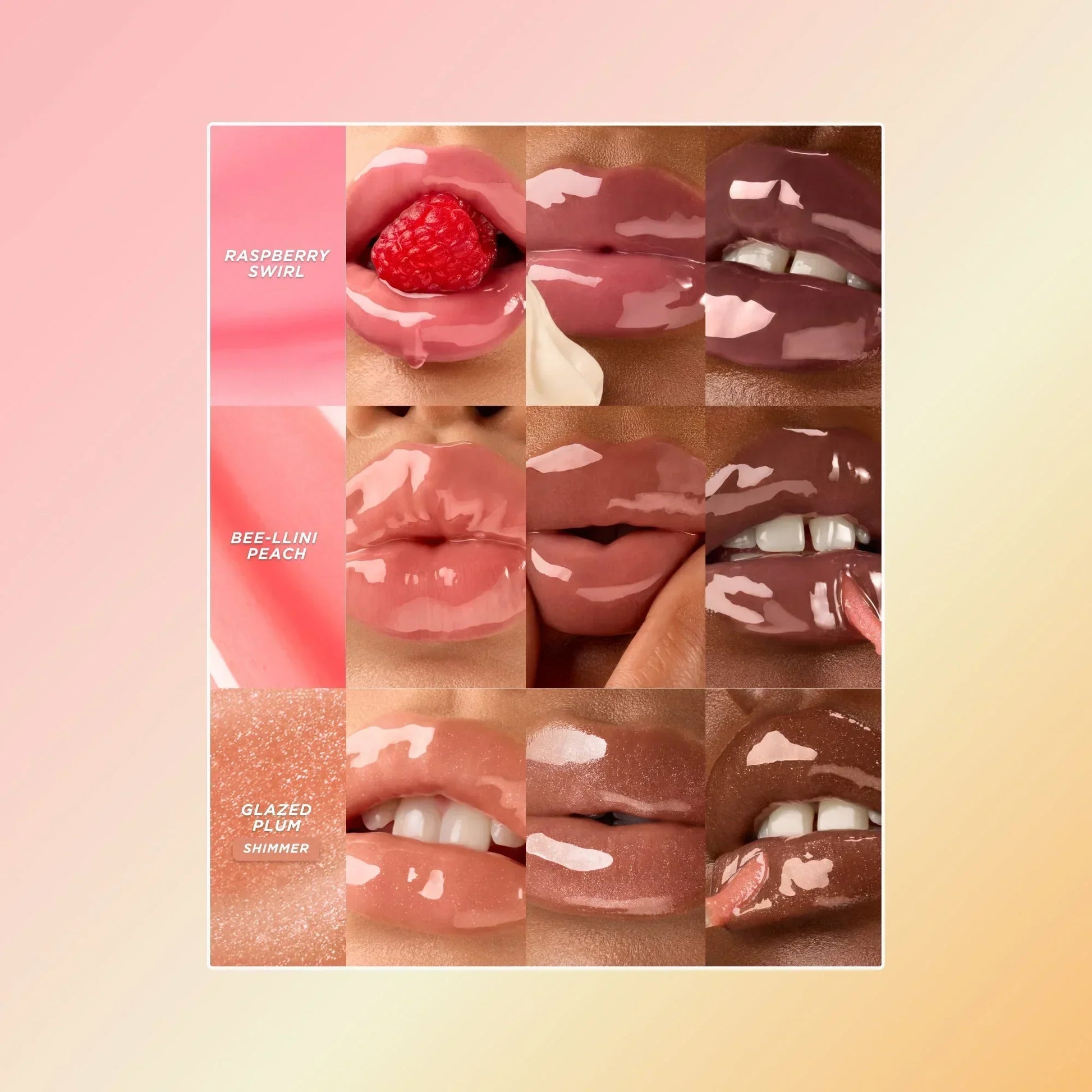 Three lip oil swatches on different skin tones.