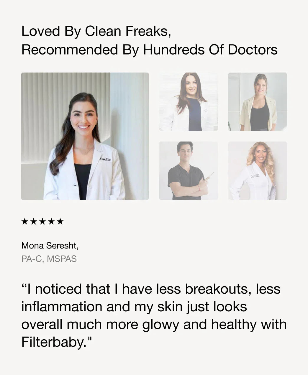 Doctors in white coats endorse glow-boosting skincare at Wylde Grey with a luxury testimonial quote.