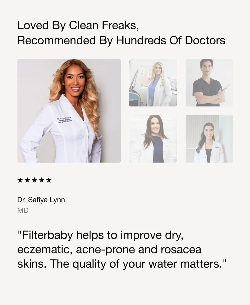 Luxury skincare testimonial collage with diverse doctors in white coats, quote on healthy glowing skin.