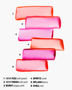 Cooling Water Jelly Tint swatch colors in peach, pink, coral, berry, and red on white background