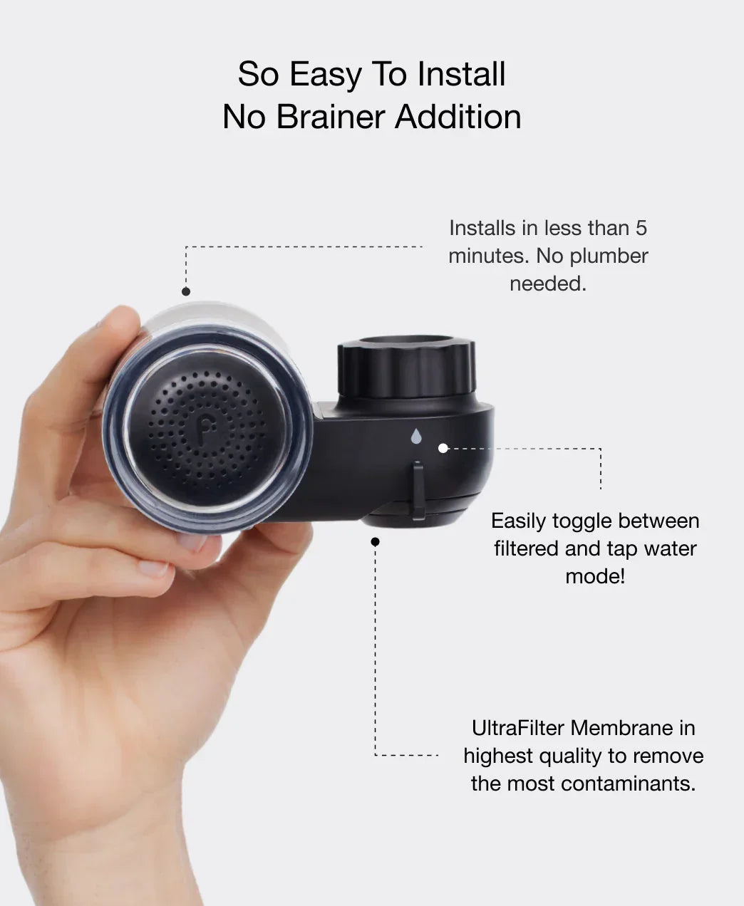 Hand holding sleek black water filter with easy-install design and premium ultrafilter membrane.