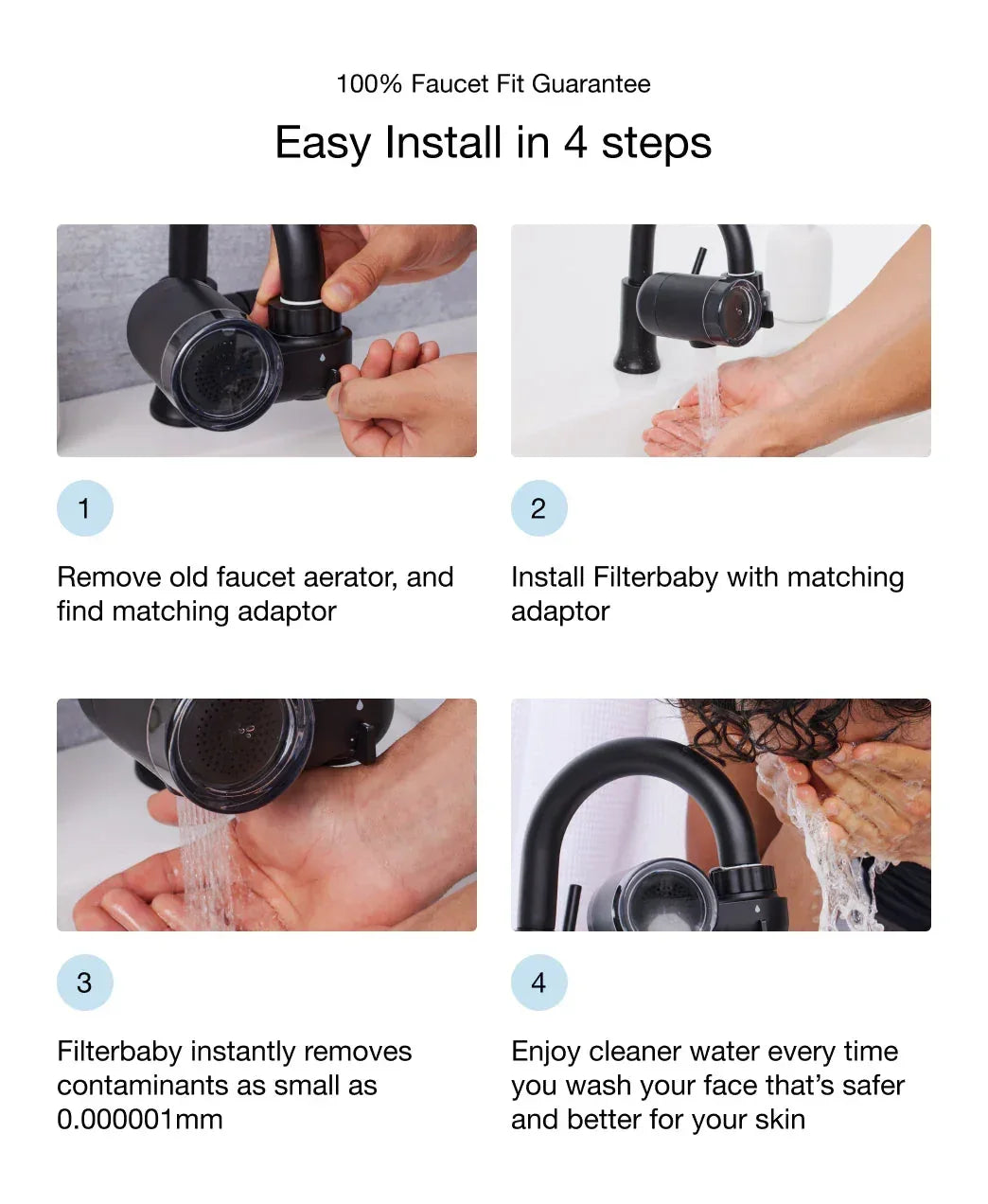 Luxurious black faucet water filter installation steps, hands demonstrating easy skincare routine