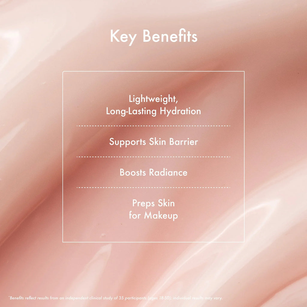 Key benefits of Wylde Grey skincare on glossy pink background: hydration, supports skin barrier, boosts radiance, preps for makeup.