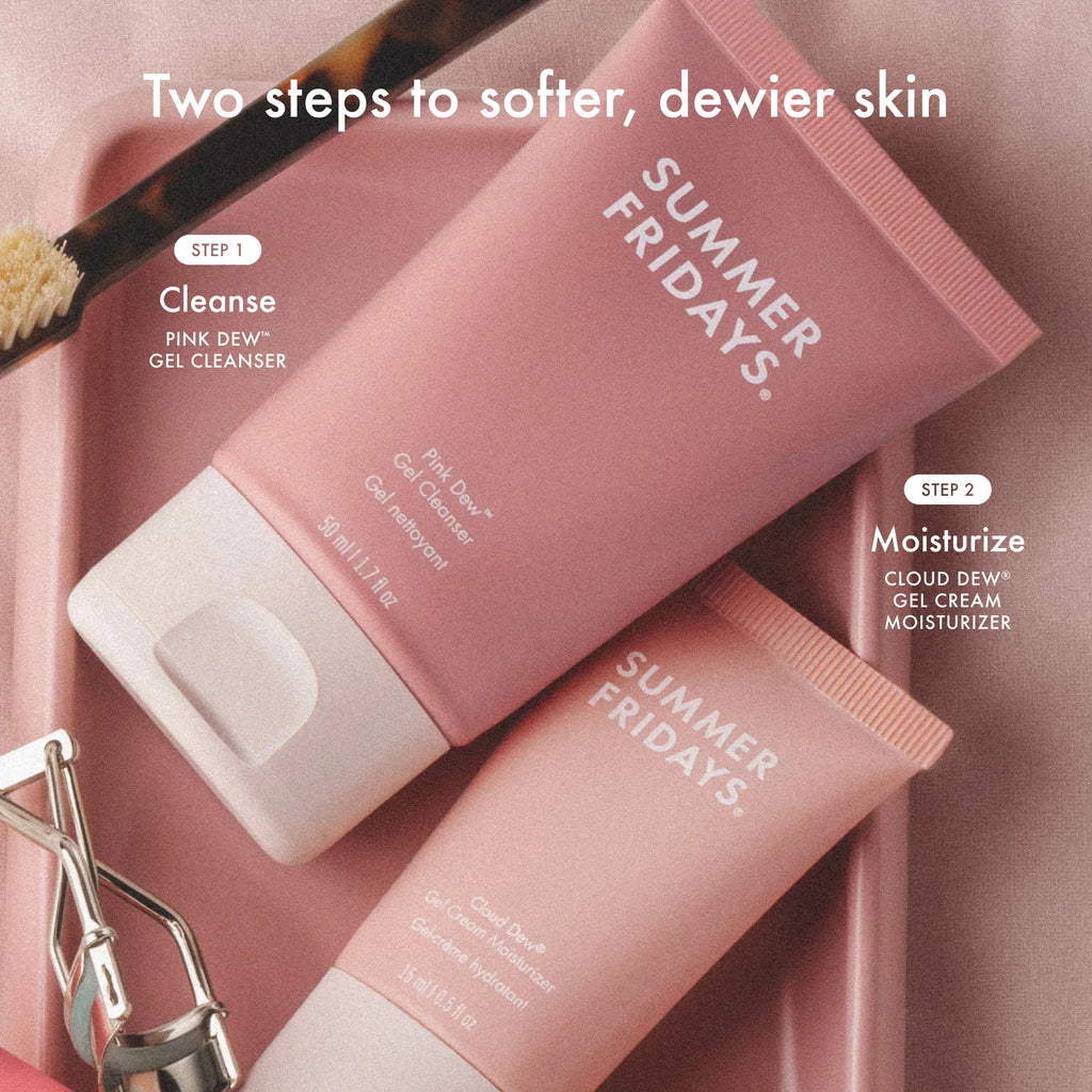 Summer Fridays Pink Dew Gel Cleanser and Cloud Dew Gel Cream in chic blush pink tubes, promoting dewy skin.