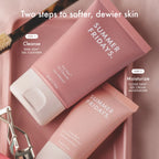 Summer Fridays Pink Dew Gel Cleanser and Cloud Dew Gel Cream in chic blush pink tubes, promoting dewy skin.