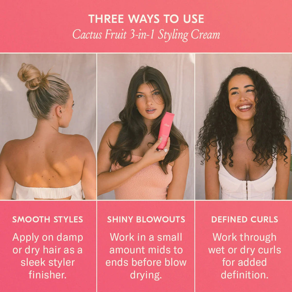Three women with smooth, shiny, and defined curly hairstyles showcasing pink Cactus Fruit 3-in-1 Styling Cream for sleek blowouts and curls.