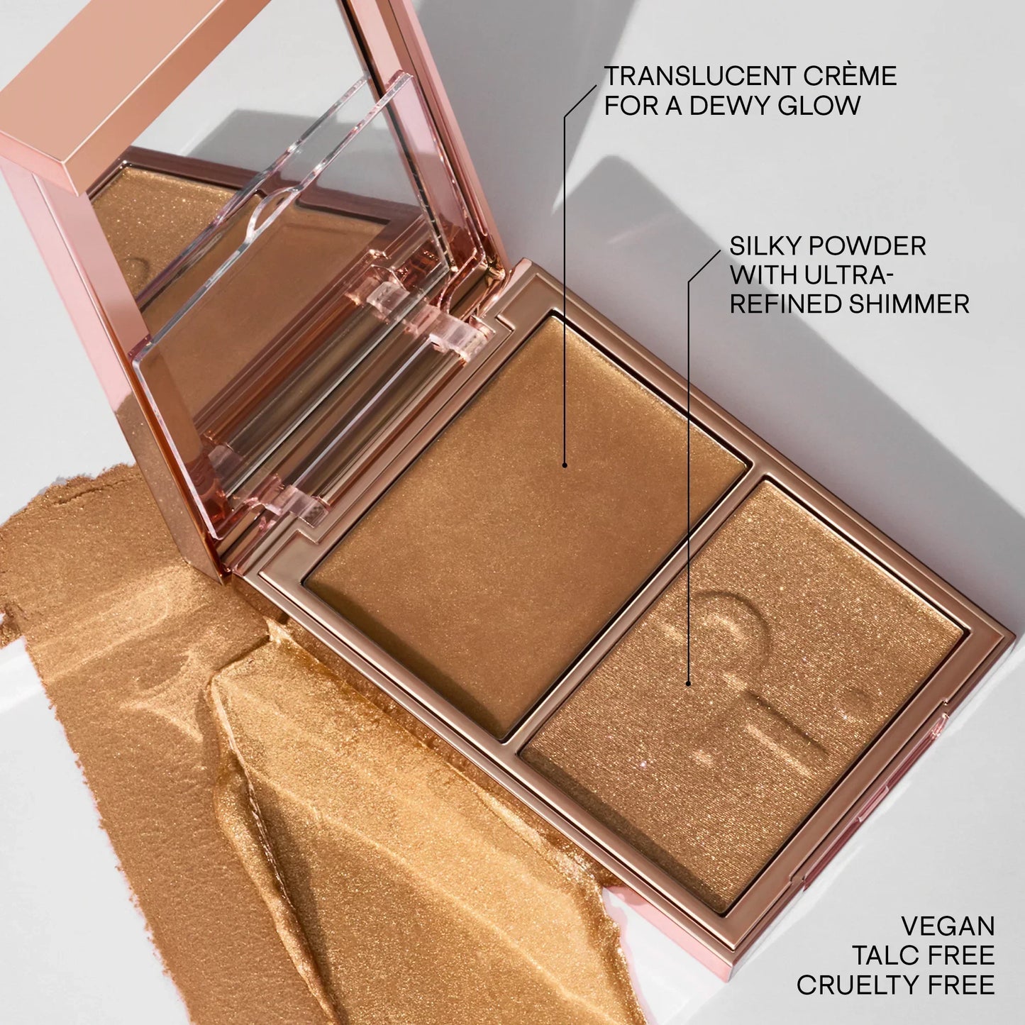 Luxurious gold highlighter duo palette with translucent crème and silky shimmer powder
