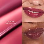 Lipstick with 'DJ Plum Deep Cool Plum' color swatch and application on lips.