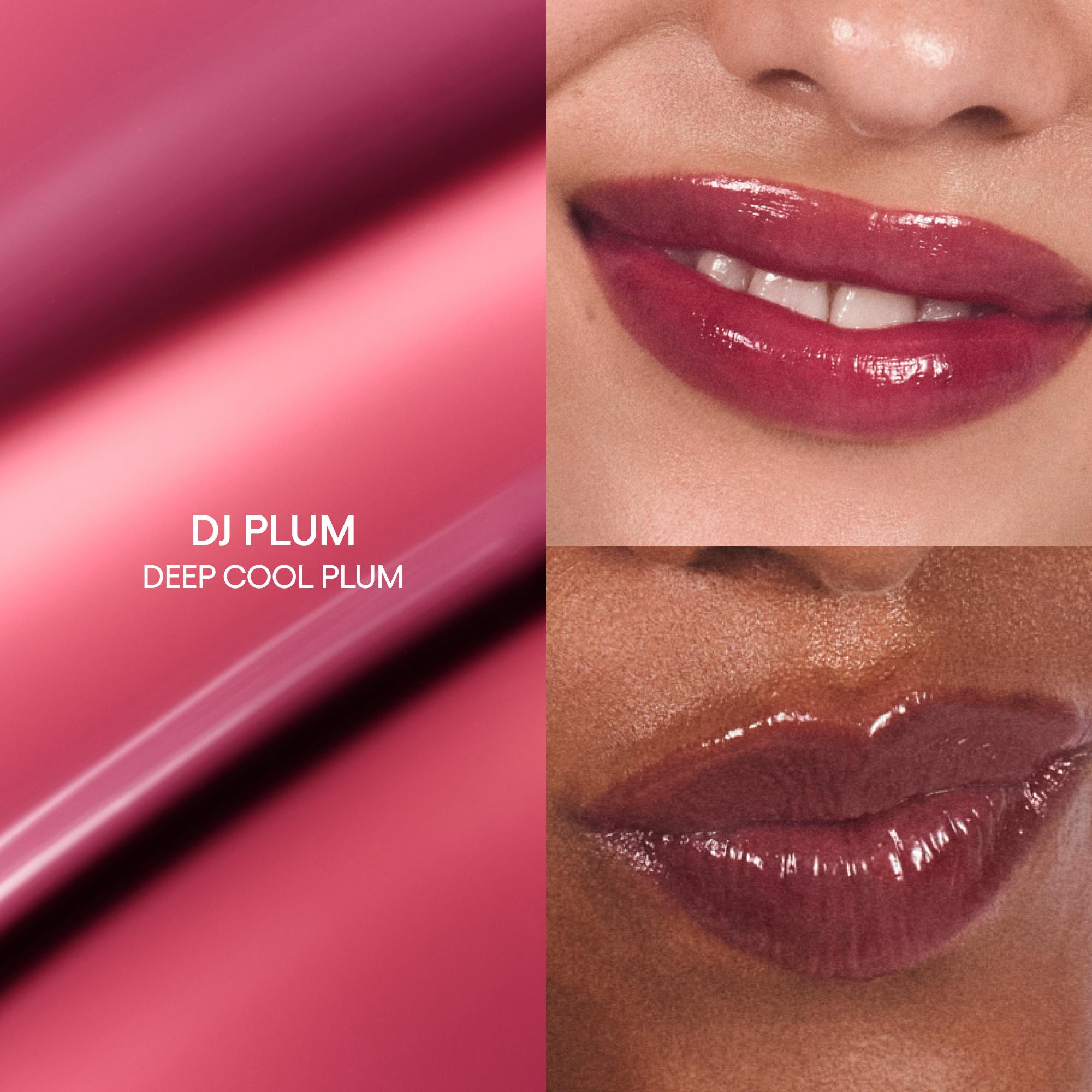 Lipstick with 'DJ Plum Deep Cool Plum' color swatch and application on lips.