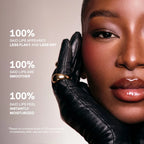 Model with dewy, glossy lips and smooth skin, wearing black leather glove and gold ring, luxury skincare promo