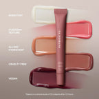 Patrick Ta lip gloss in mauve tube on swatches of sheer pink, nude, and berry shades, dewy finish