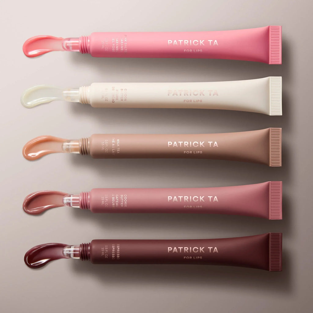 Patrick Ta lip gloss tubes in pink, nude, rose, and berry shades with glossy finish