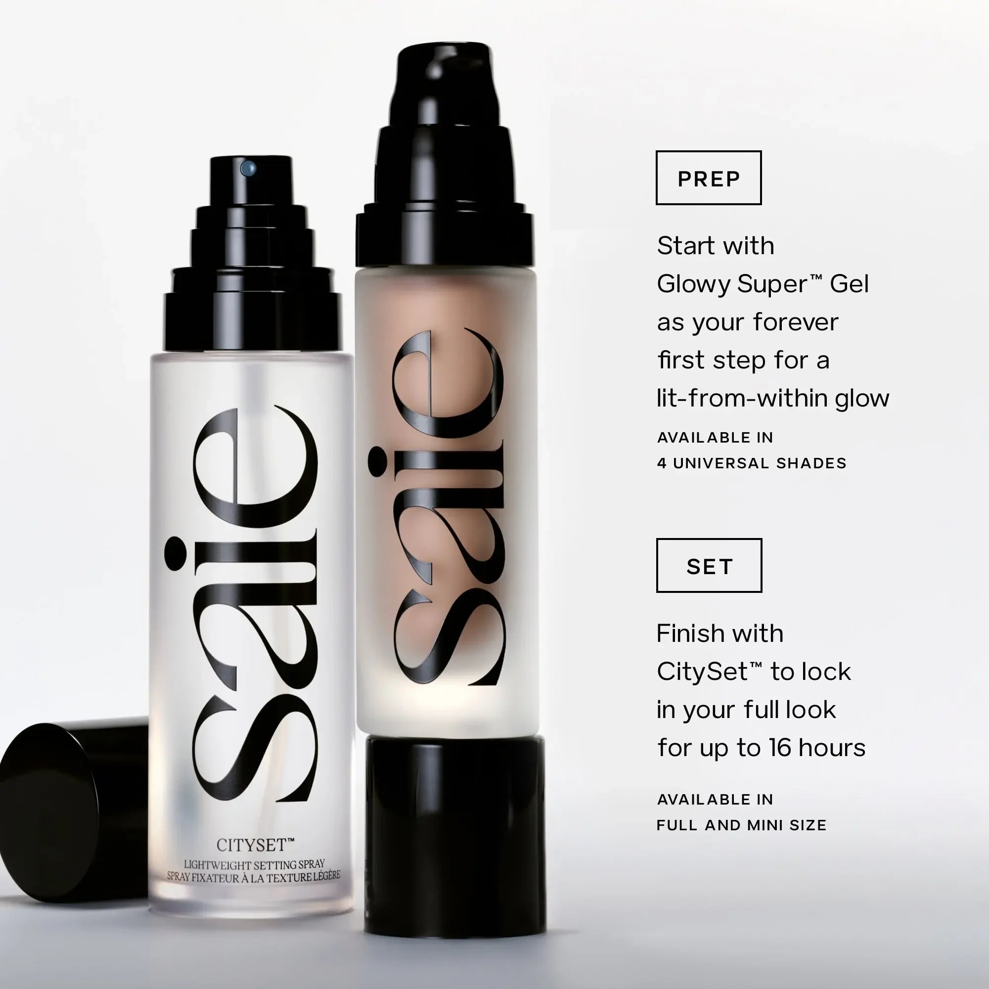 Saie Glowy Super Gel and CitySet lightweight setting spray duo, sleek frosted bottles, luxury beauty