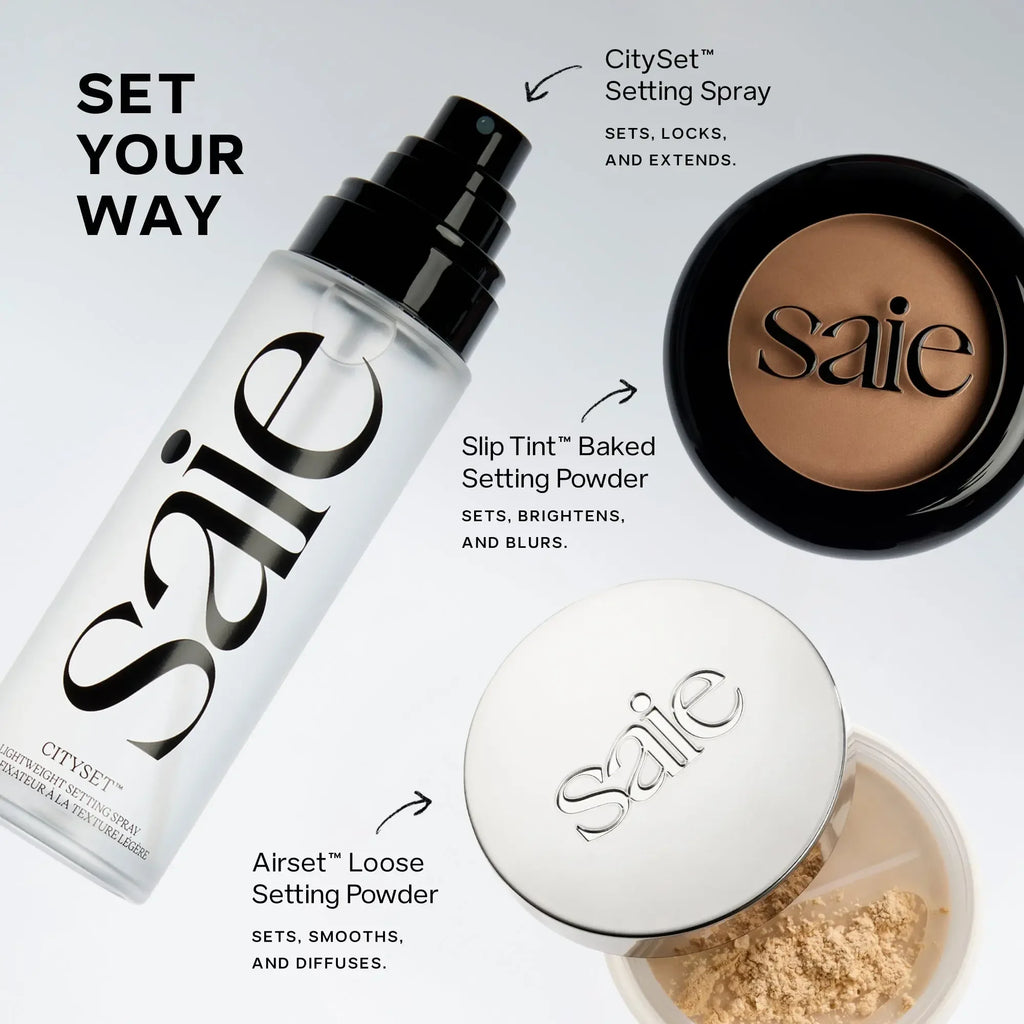 Saie CitySet setting spray and powders with luxe packaging on clean white background, Wylde Grey beauty shop