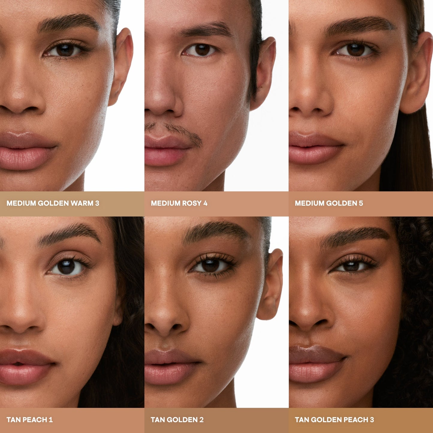 Concealer shade grid featuring six models with dewy, even complexions in warm, golden, and peach tones.