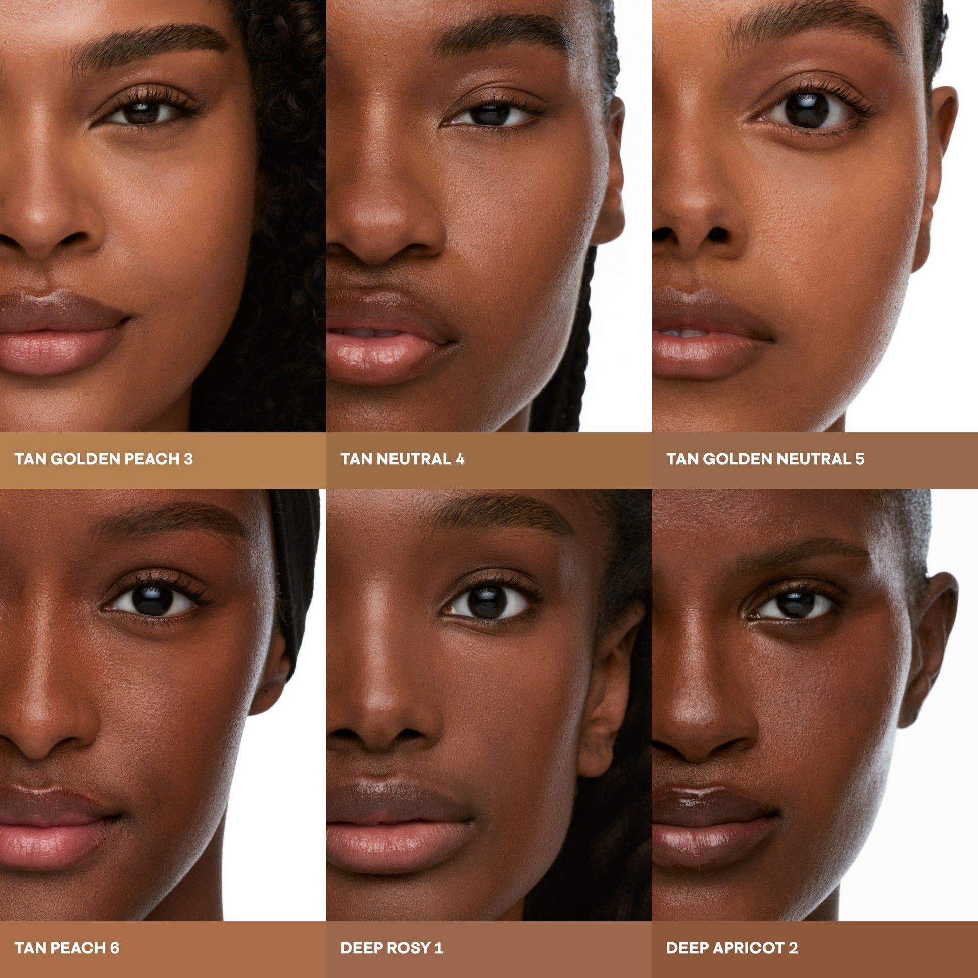 Six women with flawless, dewy skin, each wearing different tan and deep concealer shades.
