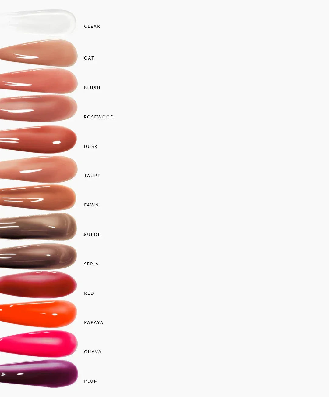 Nail polish color swatches in clear, nude, pink, red, orange, and purple shades, labeled by name.