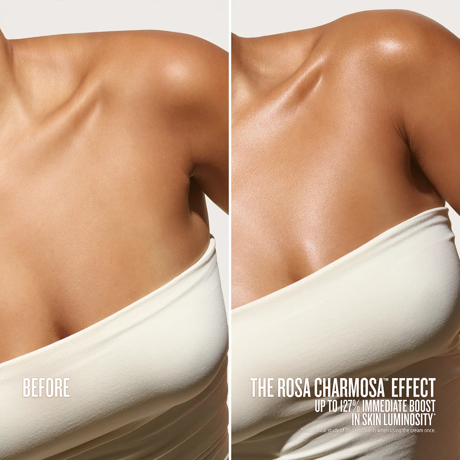 Before and after comparison of skin luminosity with 'The Rosa Charmosa Effect' text. Text on image reads before // the rosa charmosa effect up t 127% immediate boost in skin luminosity* 

*in a clinical study of 35 participants when using the cream once.