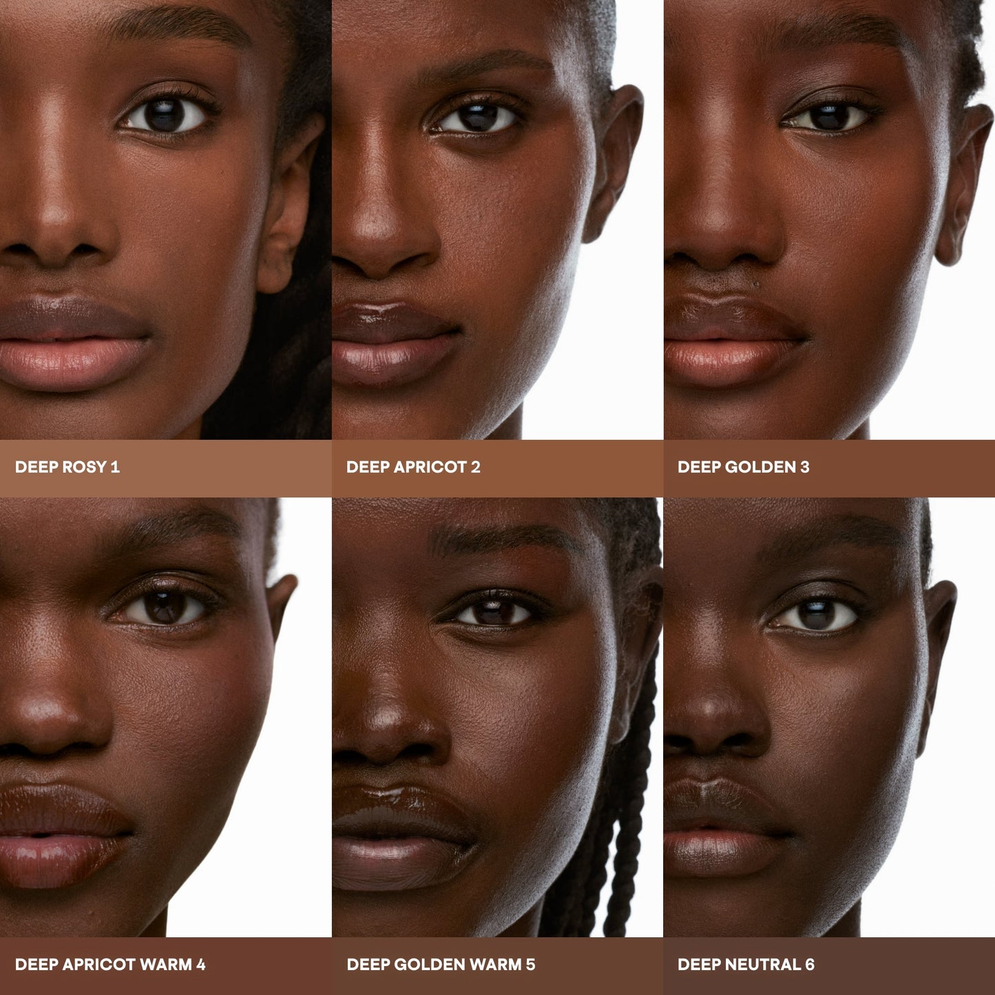 Concealer shade grid showing six deep skin tones with names like Deep Rosy, Apricot, Golden; each shade has a radiant, creamy finish.