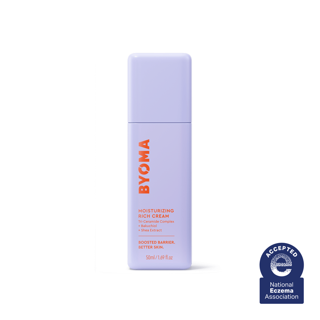 A BYOMA Moisturizing Rich Cream bottle with National Eczema Association approval seal.