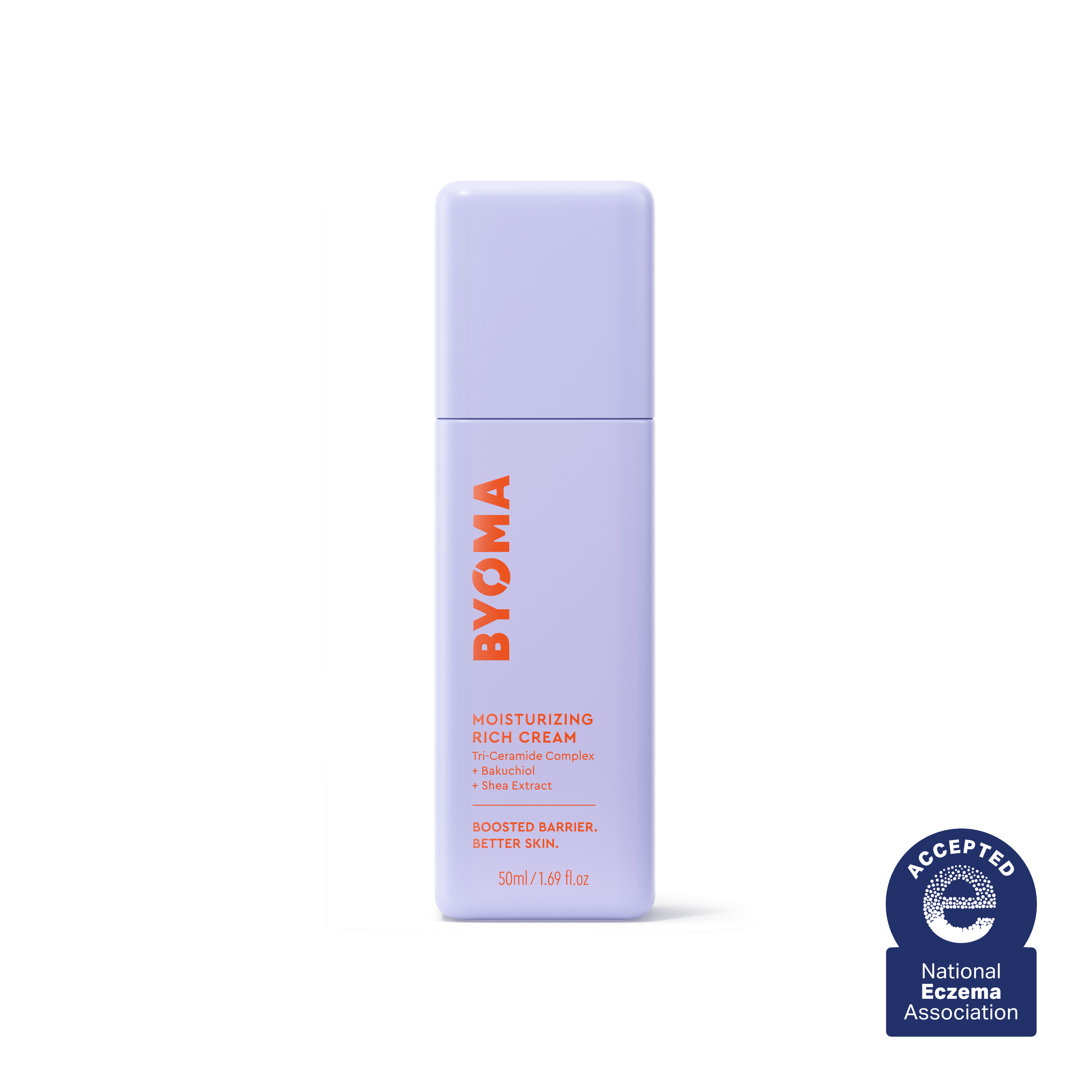 A BYOMA Moisturizing Rich Cream bottle with National Eczema Association approval seal.