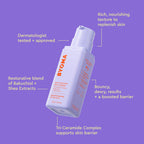 A BYOMA Moisturizing Rich Cream bottle with text highlighting key benefits. 