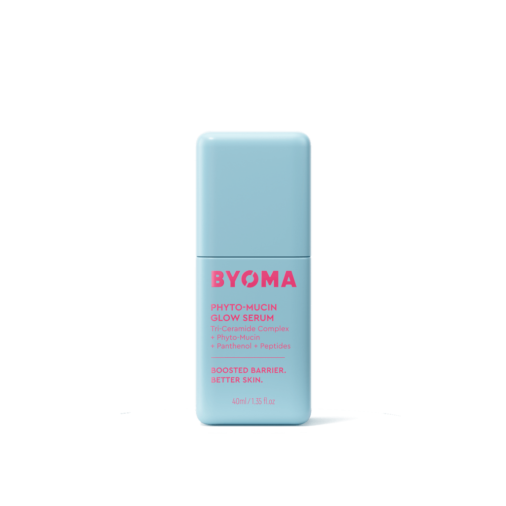BYOMA Phyto-Mucin Glow Serum in a light blue bottle.