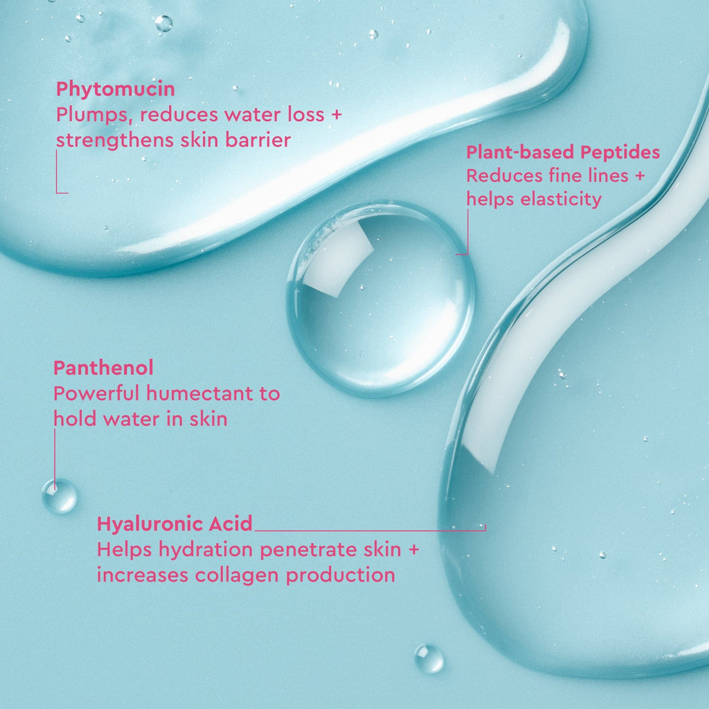Hydrating serum with phytomucin, peptides, panthenol, and hyaluronic acid for moisture and elasticity.