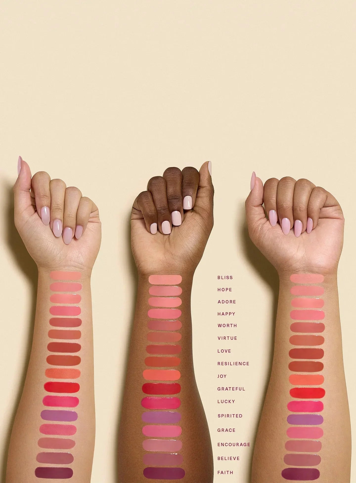 Wylde Grey liquid blush swatches in diverse shades, creamy texture, shown on three skin tones